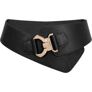 Women's Wide Elastic Stretch Waist Belt Adjustable Dress Belt Matte Black Gold